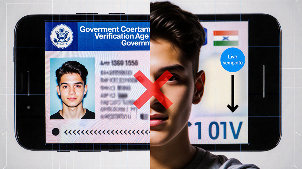 Young user selfie displays age prediction with red X beside government ID and smartphone background with verification arrows