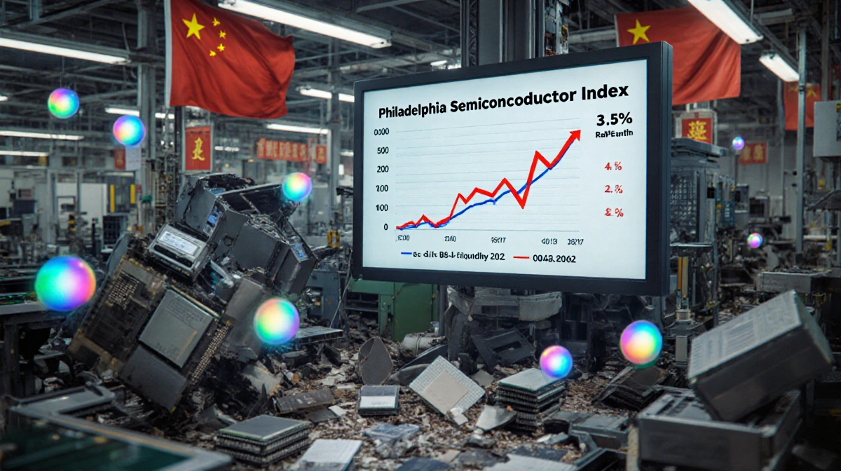 Semiconductor factory floor shows machinery in chaos with Philadelphia Semiconductor Index showing 3.5% decline and glowing r