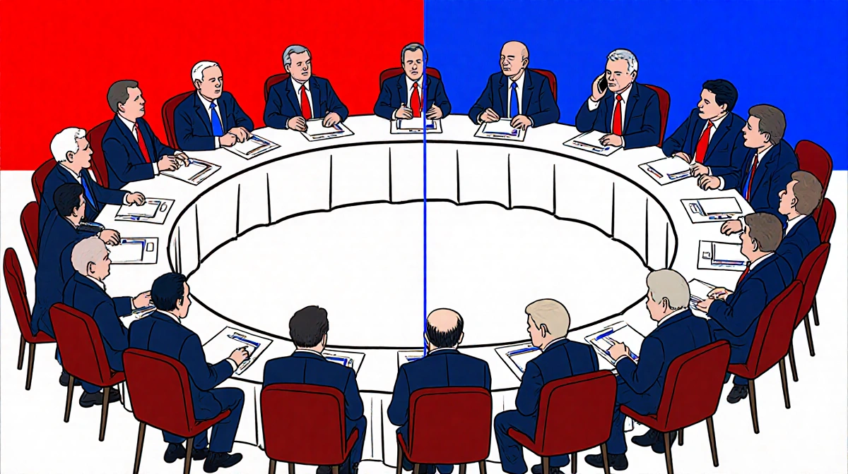Senate Banking Committee members sitting around circular table with red and blue colors showing party divide and Senator Till