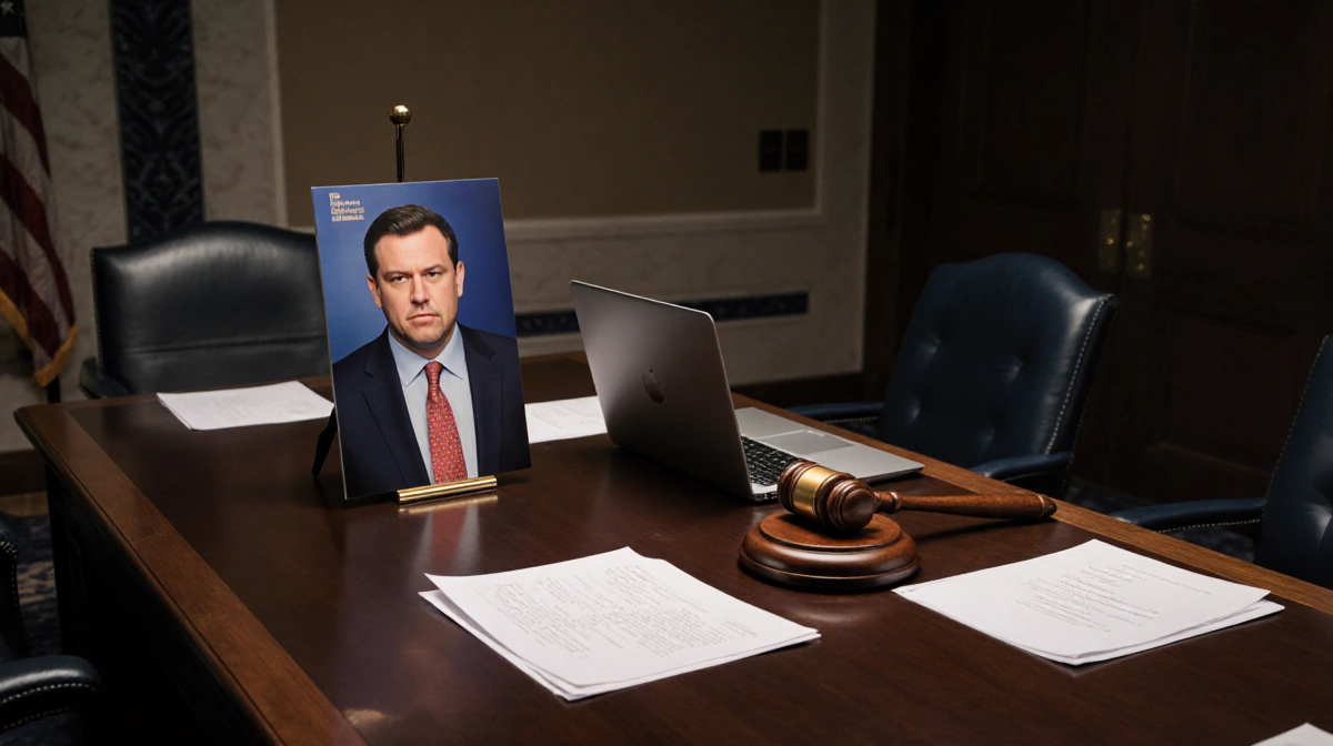 Empty Senate Banking Committee desk holds gavel with Brian Armstrong photo and empty chair showing absence