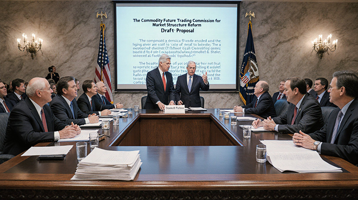 Senators discussing a draft market-structure reform proposal on screen with large table and papers in Senate hearing room