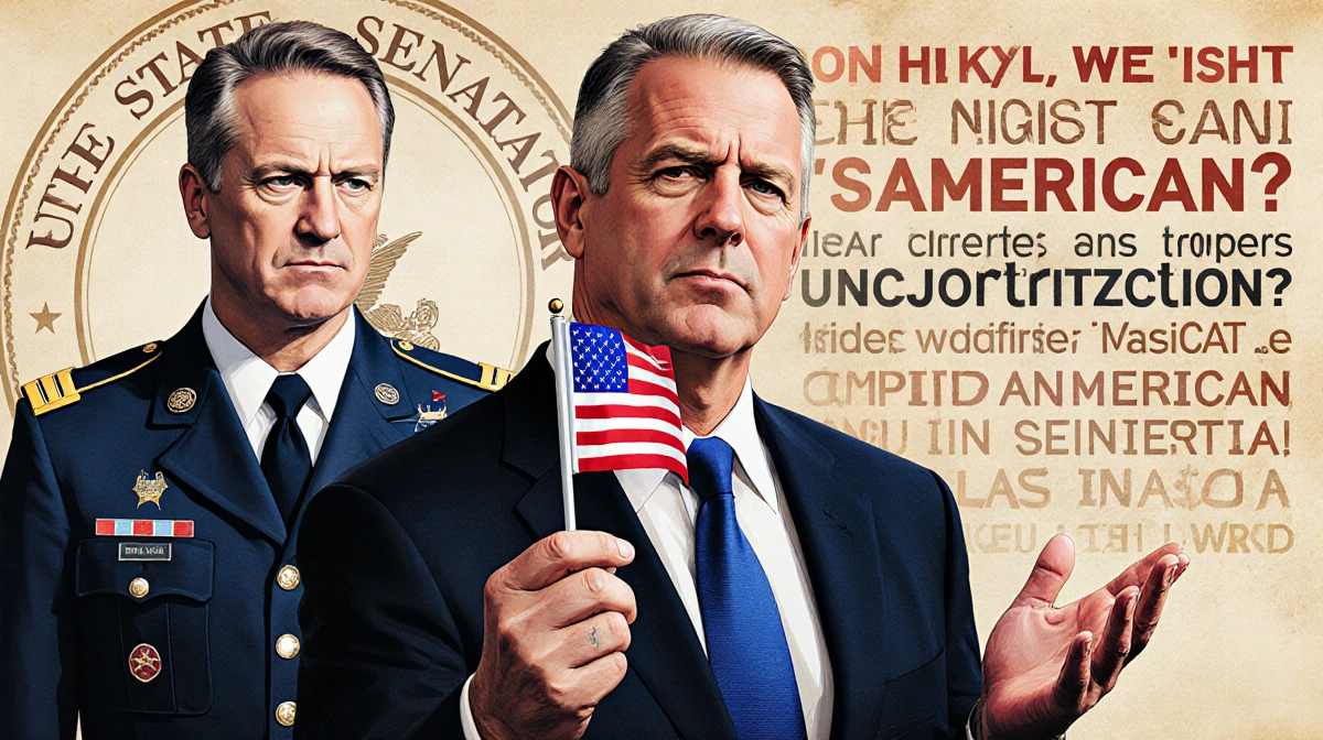 Senator Mark Kelly holding American flag and extending hand to Pete Hegseth with Senate seal behind them