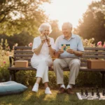 Senior couple sitting on park bench at sunset with woman holding puzzle piece and man playing harmonica