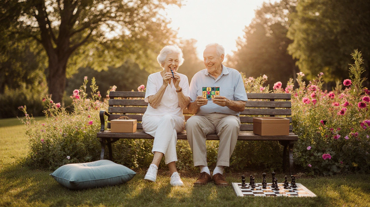 Senior couple sitting on park bench at sunset with woman holding puzzle piece and man playing harmonica