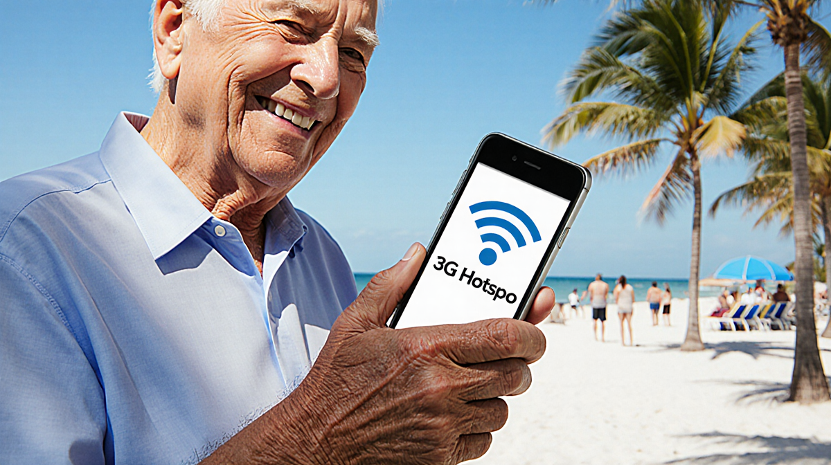 Senior smiling while holding a smartphone with a 3G hotspot icon near palm trees on a sunny Florida beach.