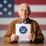 Senior citizen holding Social Security letter with American flag background and calendar on desk