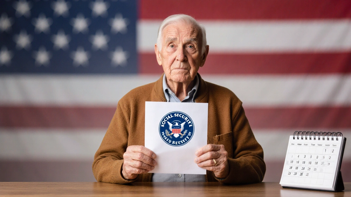 Senior citizen holding Social Security letter with American flag background and calendar on desk