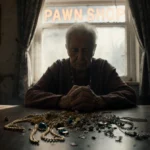 Elderly resident sits alone with head down and hands clenched near pawn shop sign and scattered jewelry showing loss