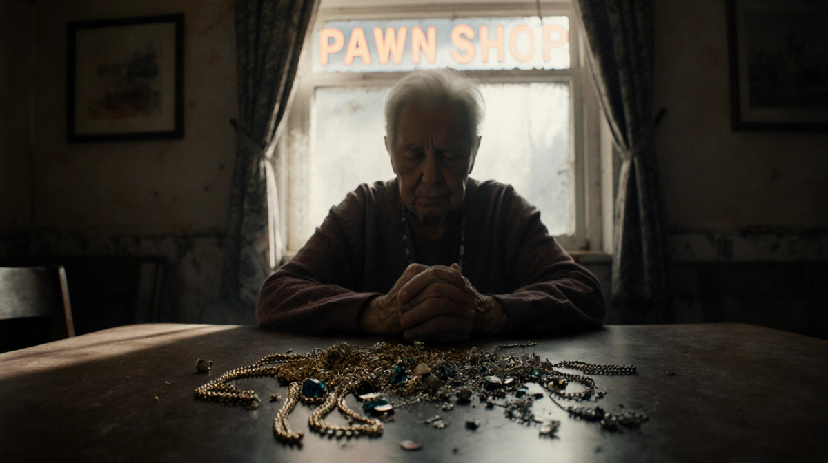 Elderly resident sits alone with head down and hands clenched near pawn shop sign and scattered jewelry showing loss
