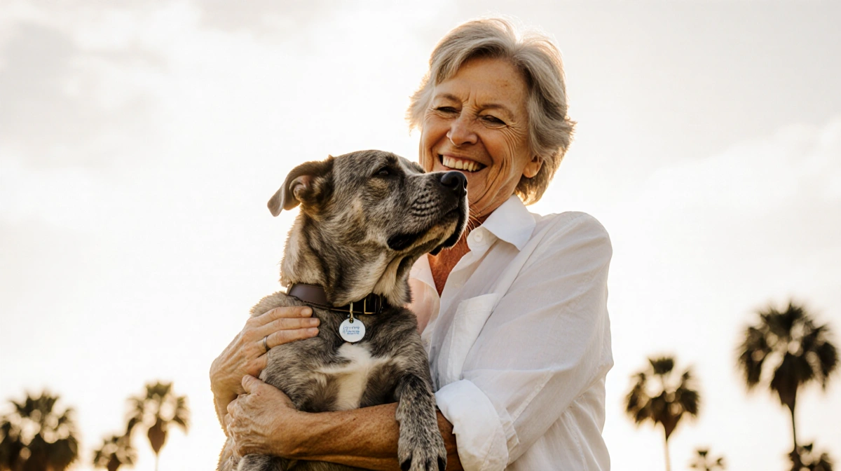 Elderly woman hugging senior dog with microchip tag visible on collar and Florida palm trees behind