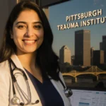 Sepideh Moafi stands confidently at Pittsburgh Trauma Institute entrance with stethoscope and medical books showing her role