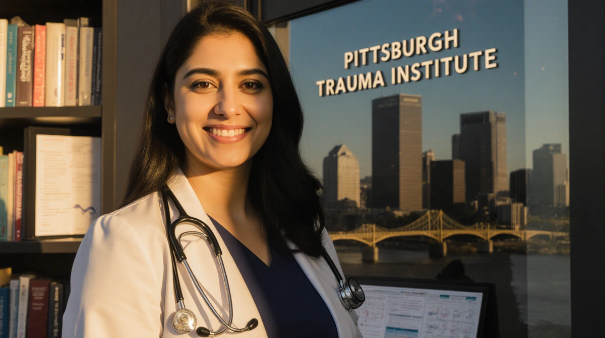 Sepideh Moafi stands confidently at Pittsburgh Trauma Institute entrance with stethoscope and medical books showing her role