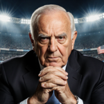 Sepp Blatter looks at the camera with a determined expression before a World Cup stadium backdrop with crowds flags