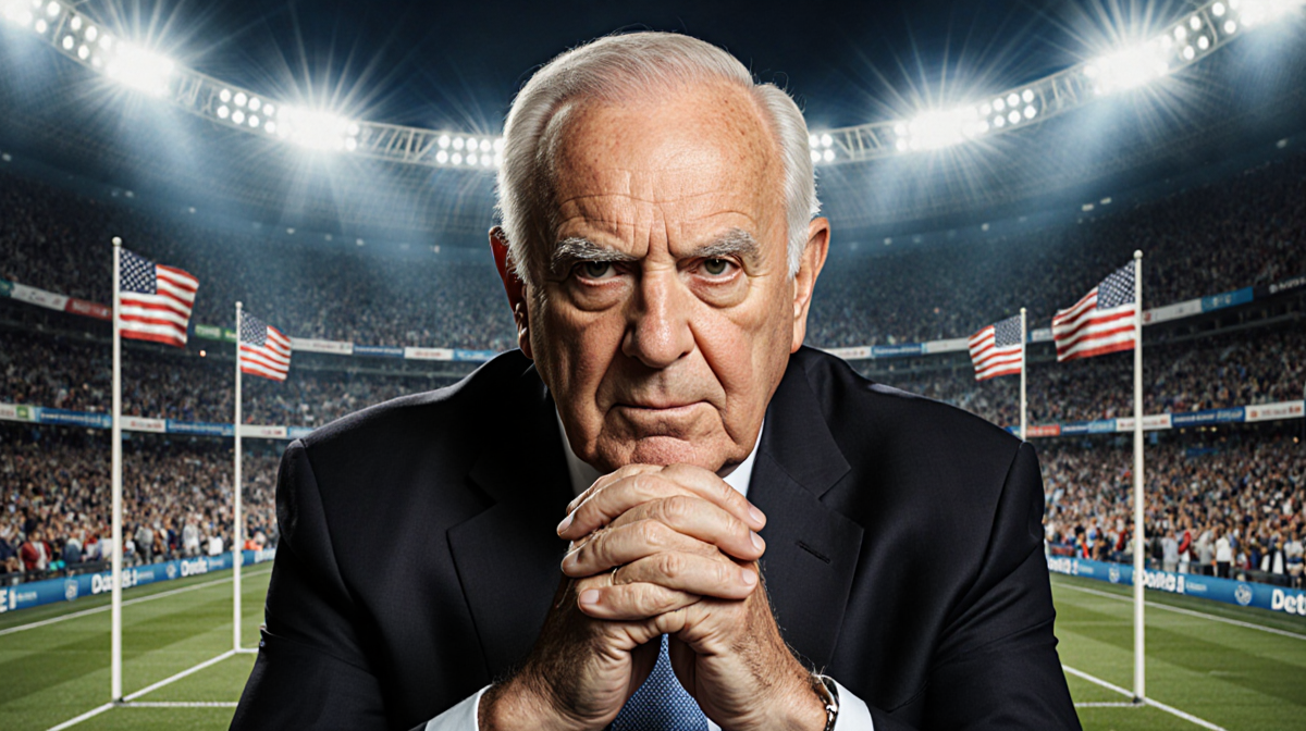 Sepp Blatter looks at the camera with a determined expression before a World Cup stadium backdrop with crowds flags