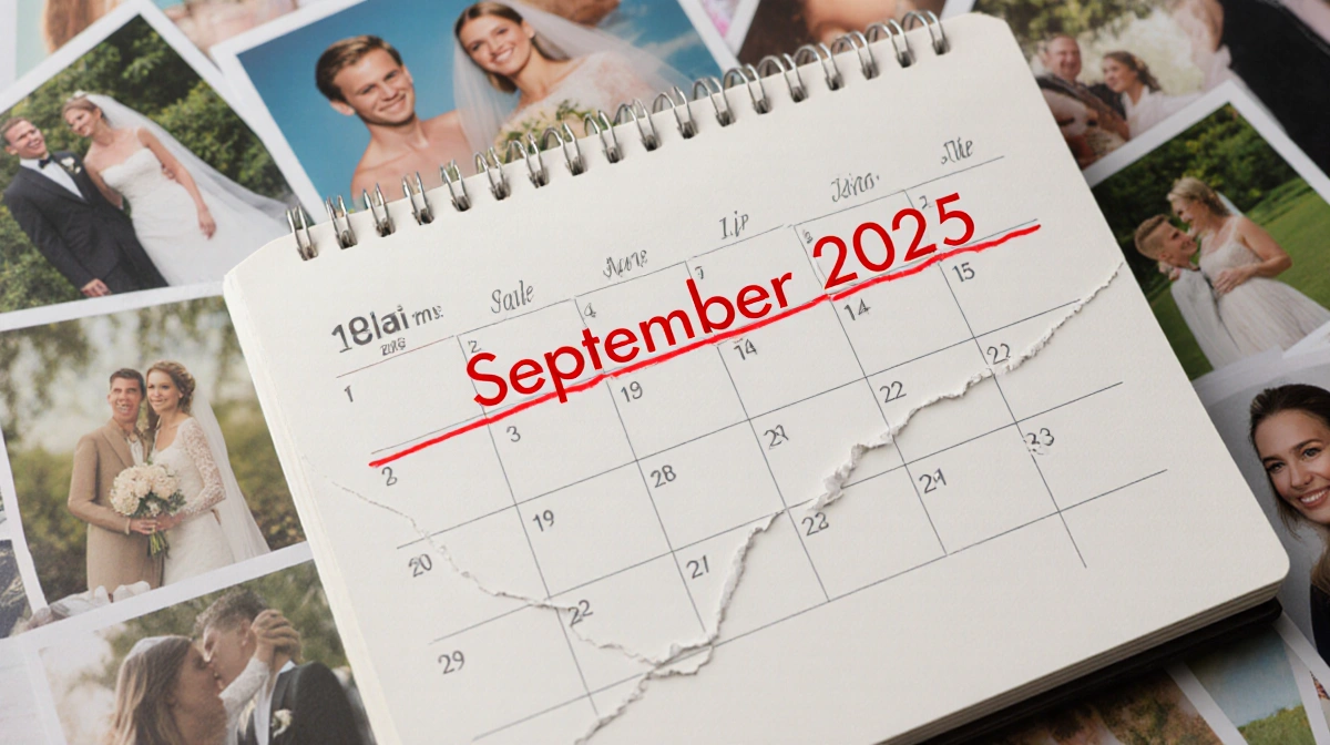 Closed September 2025 calendar with red circle showing breakup date and torn pages with faded family photos nearby