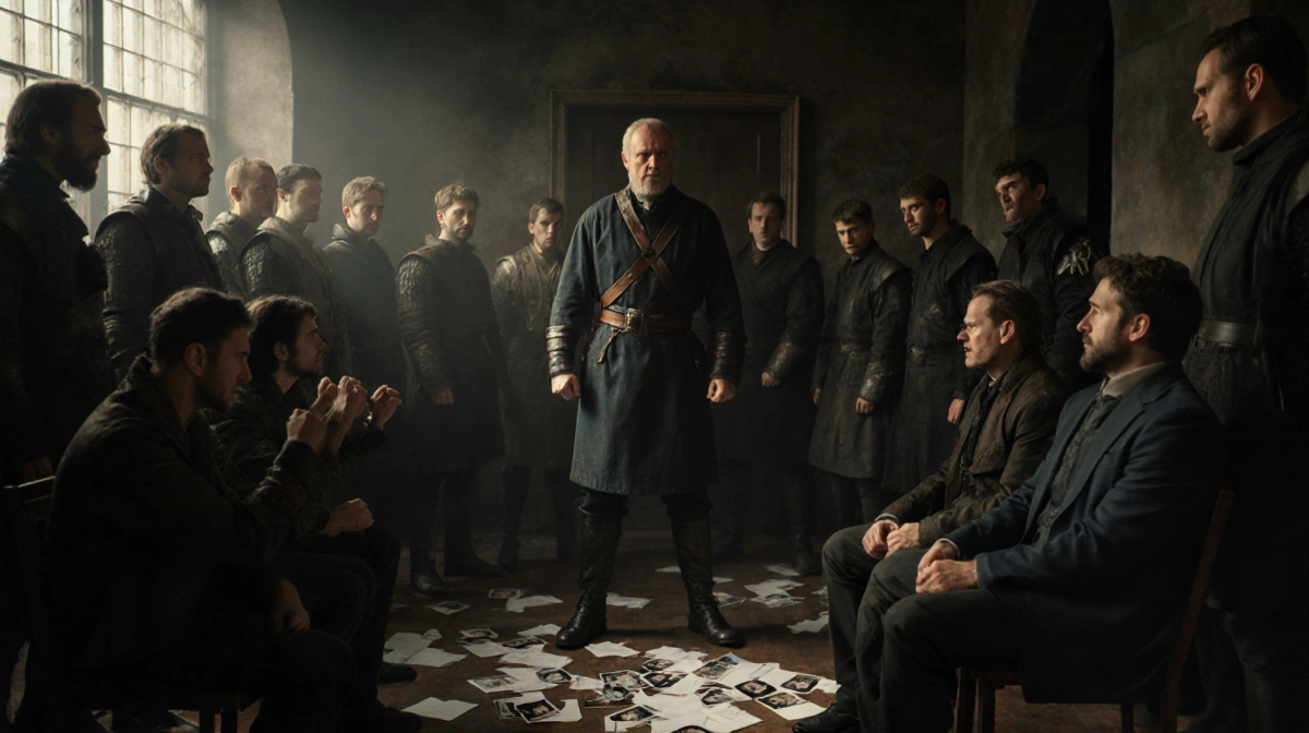 Peter Claffey stands in casting room with rival actors holding headshots and showing tense expressions