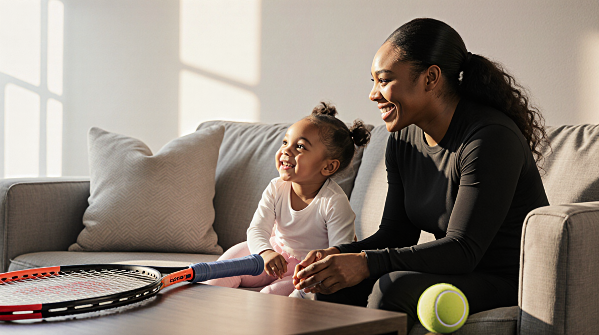 Serena Williams sits on couch with daughter Adira playing beside her and tennis racket on table light highlighting their bond