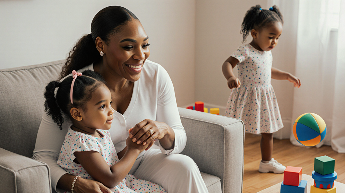 Serena Williams sits with Olympia hugging her in a playful family scene while Adira plays with a toy ball