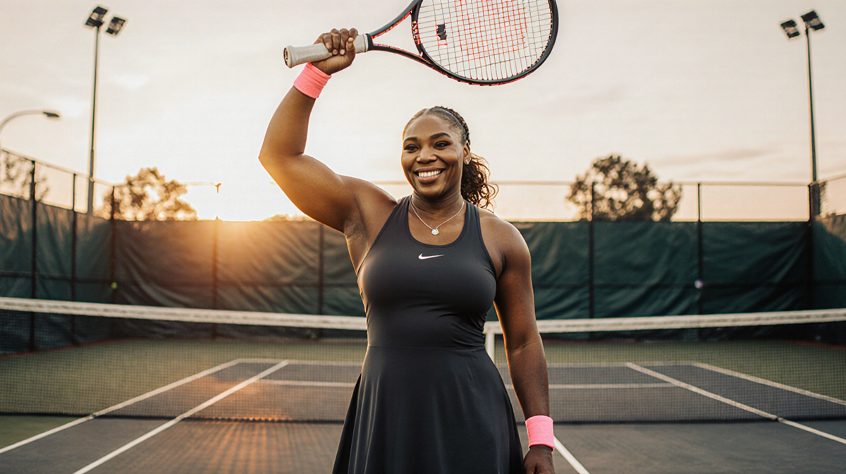 Serena Williams stands on a sunset tennis court holding a racket with bright sneakers and a soft glow