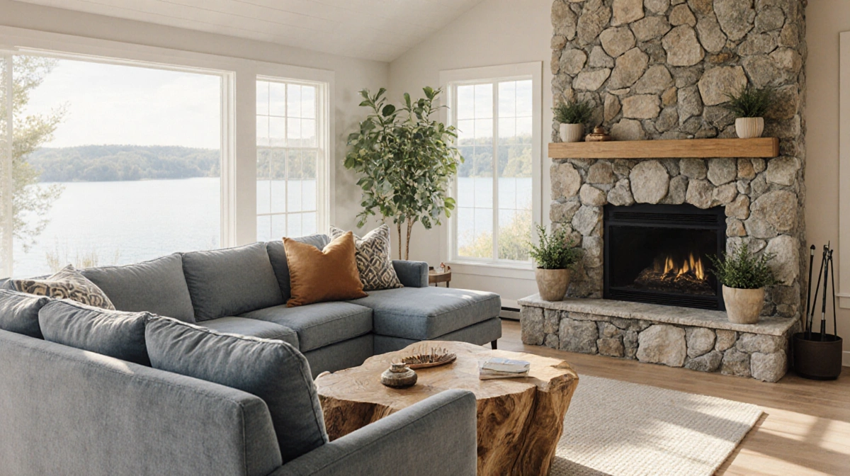 Serene lakeside living room with blue-gray sectional sofa and natural wood coffee table near stone fireplace