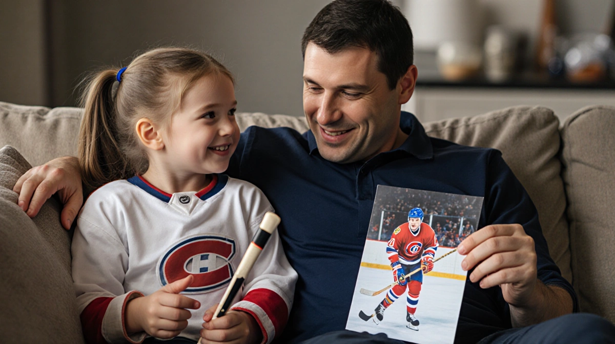 Sergei Fedorov sitting on couch with children and hockey memorabilia while boy holds mini stick and girl shows photo