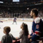 Sergei Fedorov celebrates hockey goal with children and wife beaming in stands