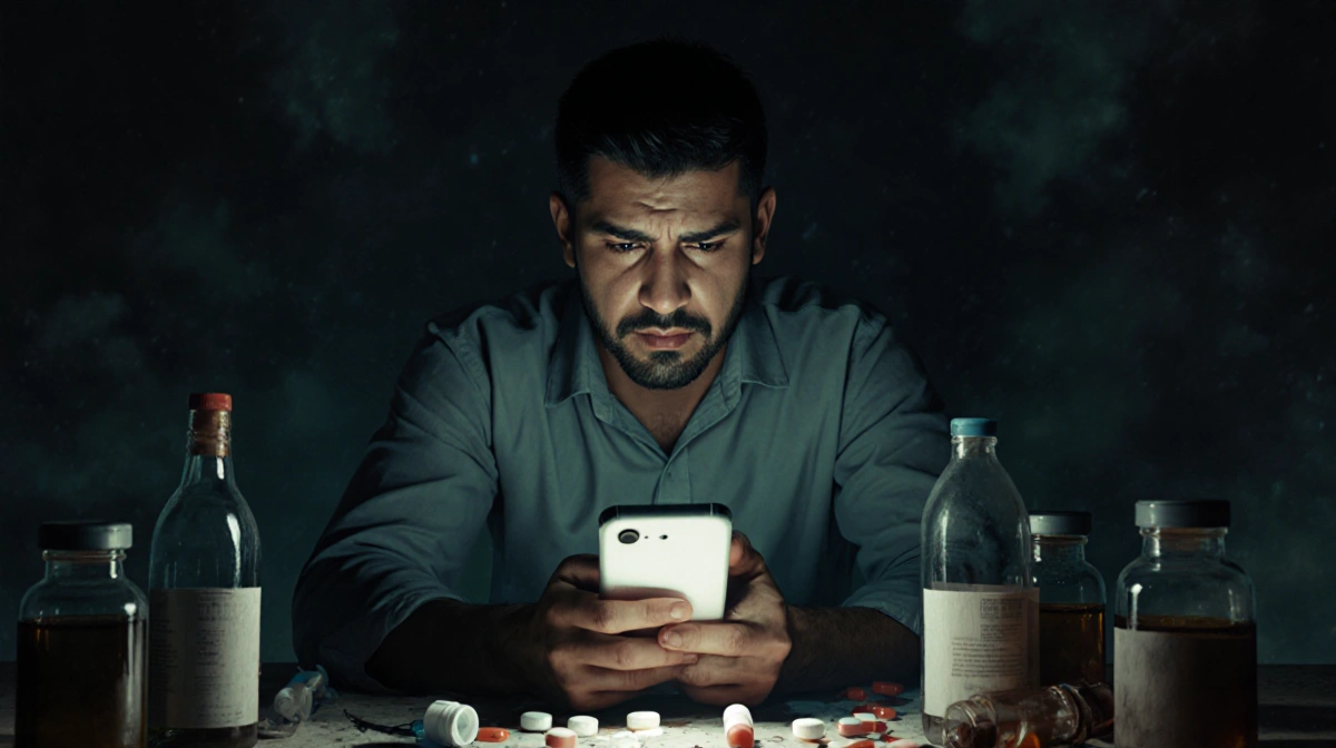 Sergio Jiménez sits uneasy during private video call with empty pill bottles and phone glow showing addiction struggle