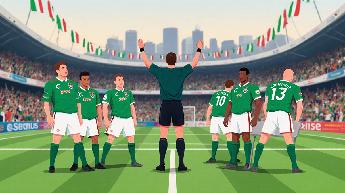 Referee stops play between four Serie A teams in green jerseys with Italian flags waving above the stands