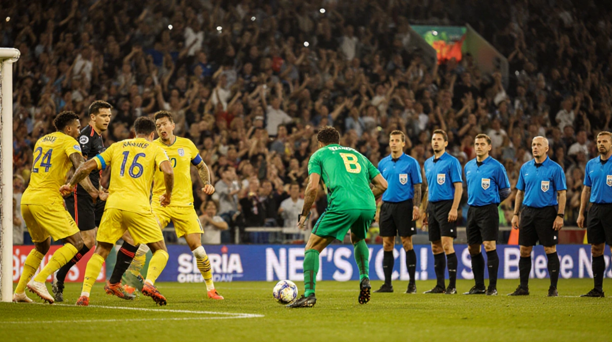 Green-clad player stands dejected with yellow team celebrating goal save and refs nearby