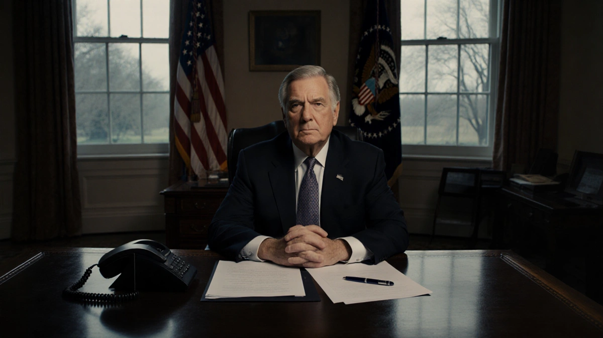 Serious businessman sits at desk with American flag behind him and paperwork ready