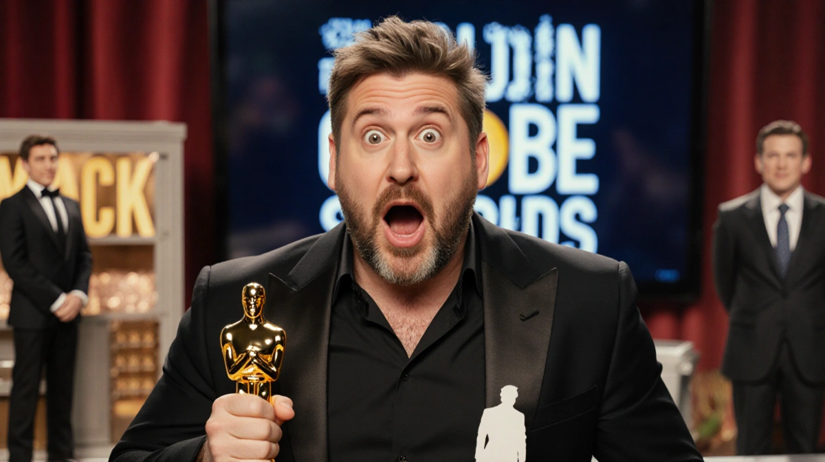 Seth Rogen holding Golden Globe with The Jerk film set and Martin Short silhouette behind him