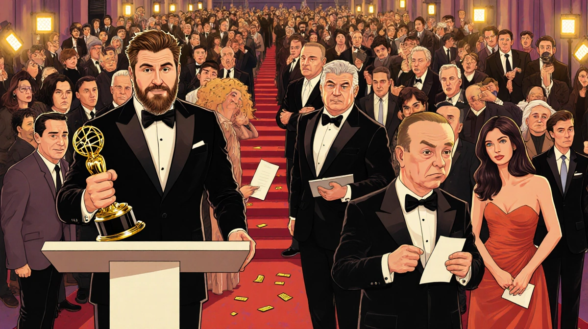 Seth Rogen accepting Golden Globe trophy with Steve Martin and Martin Short watching from red carpet