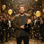 Seth Rogen holds Golden Globe trophy with confetti falling and crew celebrating behind him
