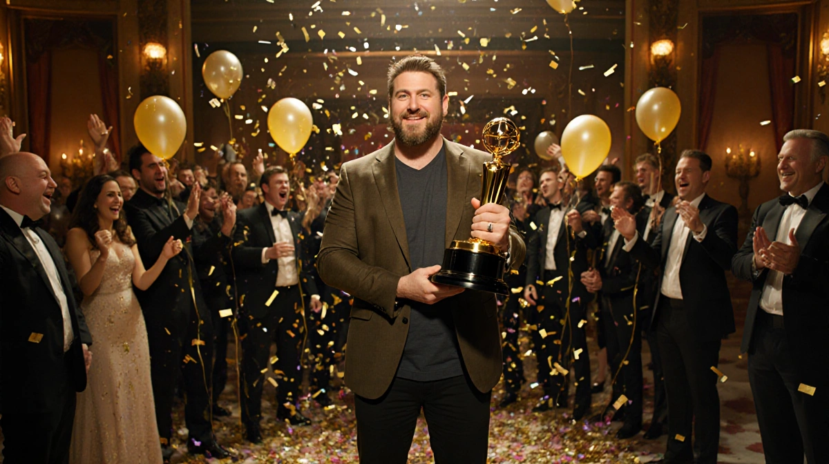 Seth Rogen holds Golden Globe trophy with confetti falling and crew celebrating behind him