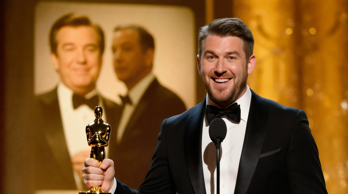 Seth Rogen holding Golden Globe trophy with cheeky grin and Steve Martin with Martin Short visible in background
