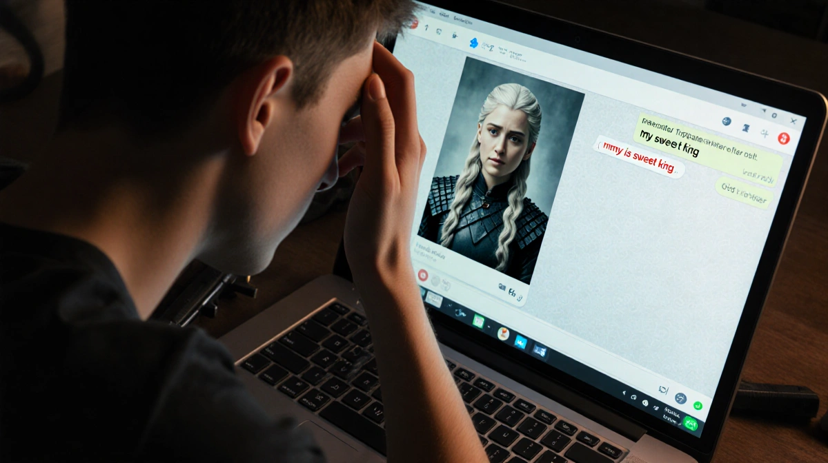 Young man sits at laptop with Game of Thrones style chatbot showing please do my sweet king message and gun visible behind