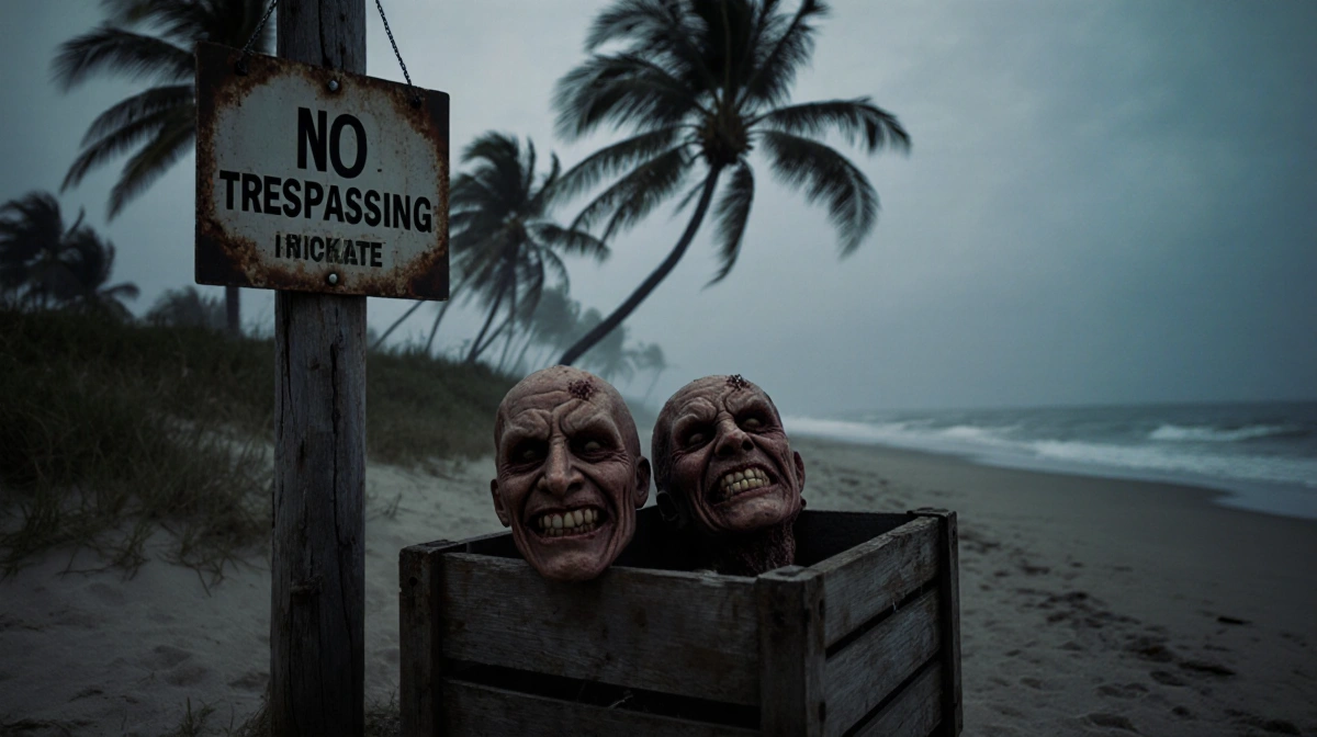 Two severed heads rest on a weathered crate with a faded no trespassing sign and ominous palm trees in the background