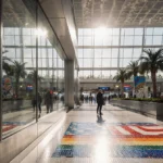 Travelers walk through San Francisco airport terminal with rainbow flag mosaic and glass ceiling showing Harvey Milk tribute
