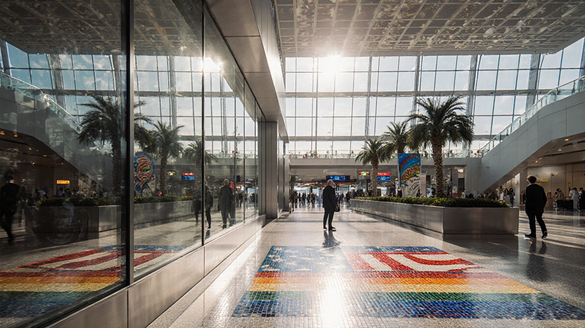 Travelers walk through San Francisco airport terminal with rainbow flag mosaic and glass ceiling showing Harvey Milk tribute