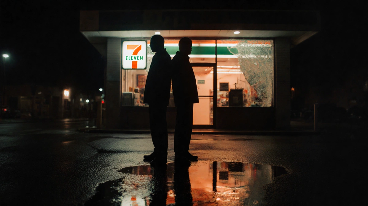 Two shadowy figures stand back-to-back outside a 7-Eleven with neon sign reflecting in a puddle and orange light glowing thro