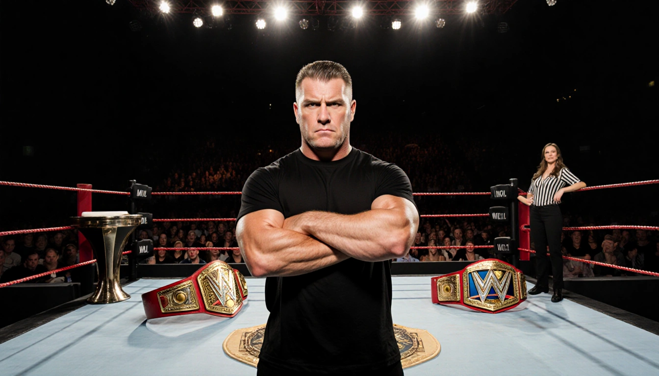 Shane McMahon standing confidently in the center of a luxurious wrestling ring with gleaming gold championship belts nearby.