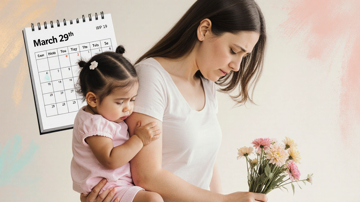 Mother holds baby girl with flowers while looking down with sadness and calendar showing March 29 in background