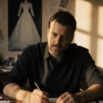 Kurt Iswarienko pens divorce settlement notes at a desk with scattered papers and a blurred wedding dress behind, nostalgia.