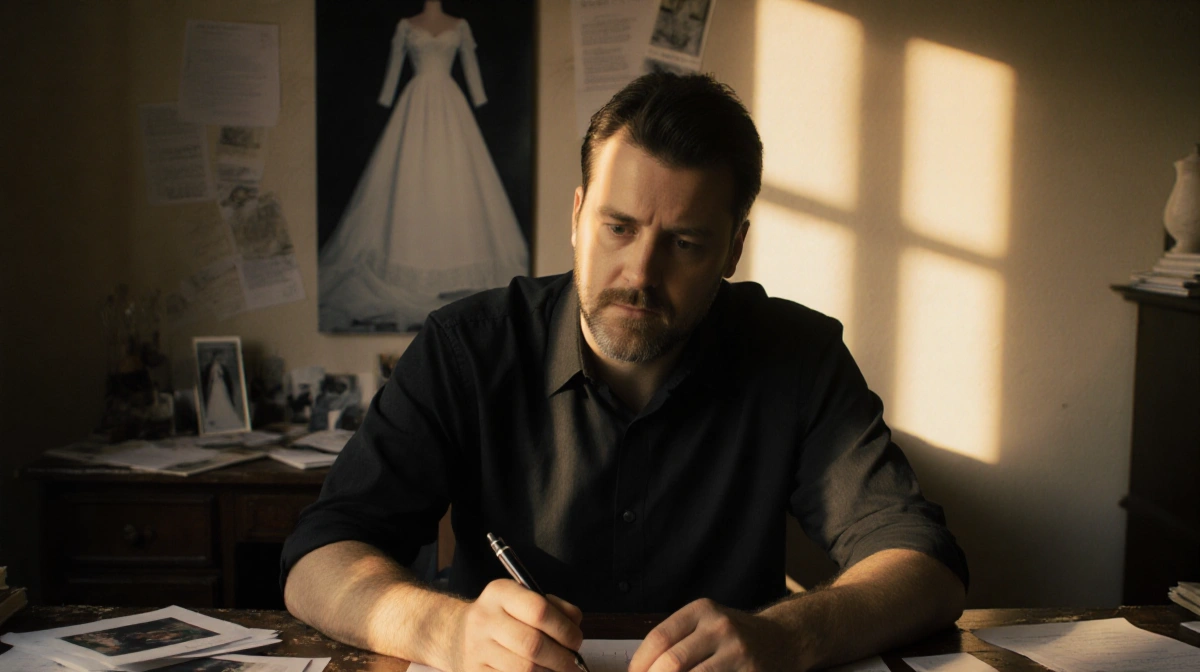 Kurt Iswarienko pens divorce settlement notes at a desk with scattered papers and a blurred wedding dress behind, nostalgia.