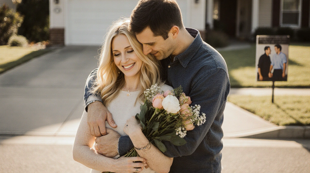 Kurt embracing Shannen Doherty in a driveway with soft natural light and a bouquet of flowers.