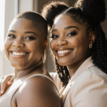 Shar Jackson and Countess Vaughn smiling back-to-back with arms around each other against a soft 90s‑nostalgia background