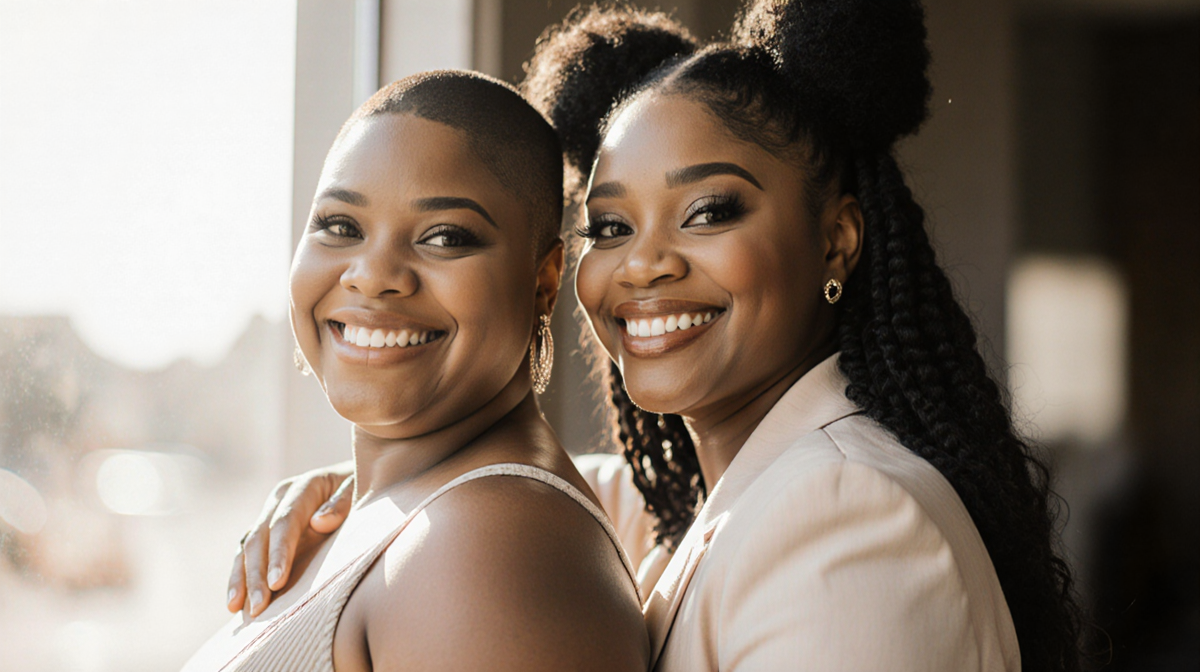 Shar Jackson and Countess Vaughn smiling back-to-back with arms around each other against a soft 90s‑nostalgia background