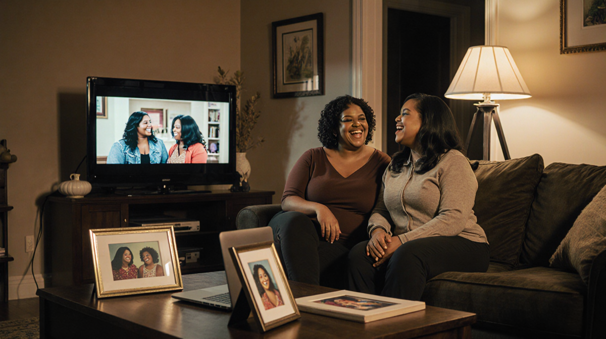 Shar Jackson and Countess Vaughn laugh with Moesha pics and a mock trailer on the TV in reunion