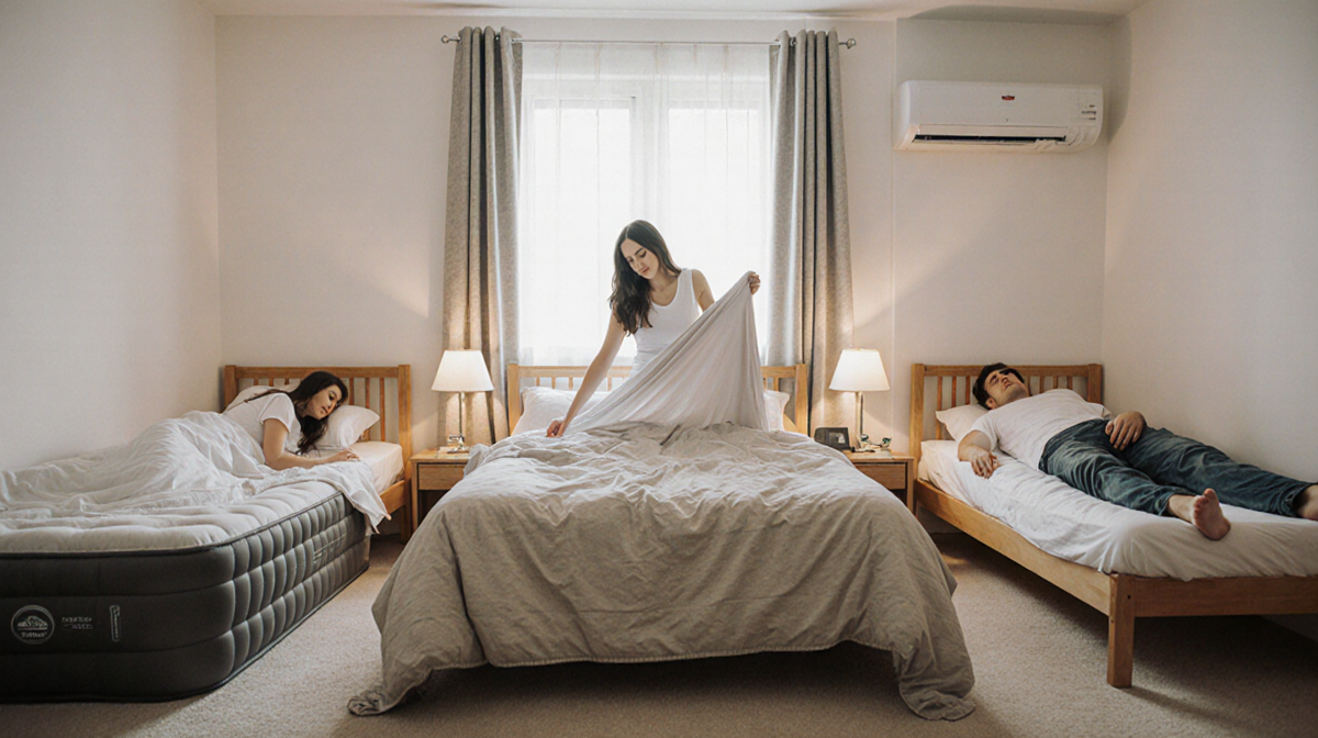 Woman adjusting sheets on queen bed with warm lighting and cozy beds around in a shared bedroom