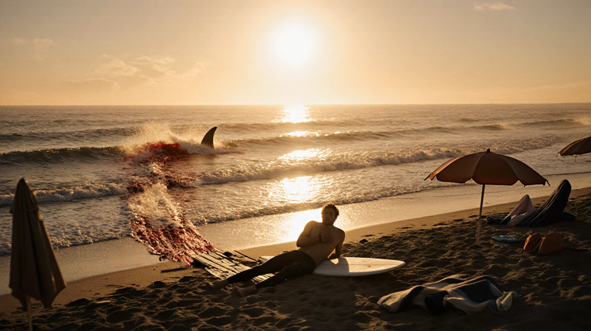 Injured surfer lies on Mendocino beach with cracked surfboard nearby and shark fin cutting through bloody water at sunset